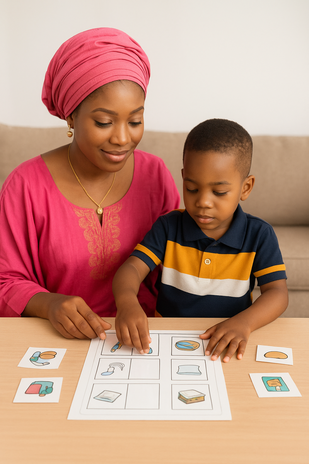 African child and mother using communication cards and visual schedule for autism