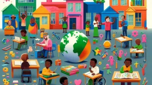 A vibrant classroom with children engaging in various learning activities with a dedicated teacher guiding them