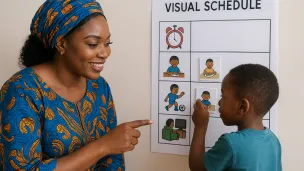 Mom and son with a visual schedule