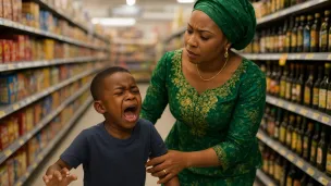 Mother and son in a store