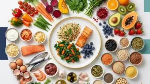 Top view of an autism nutrition diversity plate featuring broccoli, leafy greens, berries, seeds, nuts, fermented foods, fish, eggs, and other whole foods that support balanced nutrition.