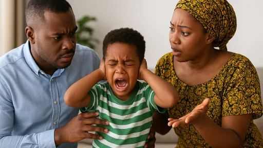 worried Nigerian parents calming autistic child during meltdown