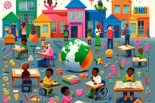 A vibrant classroom with children engaging in various learning activities with a dedicated teacher guiding them