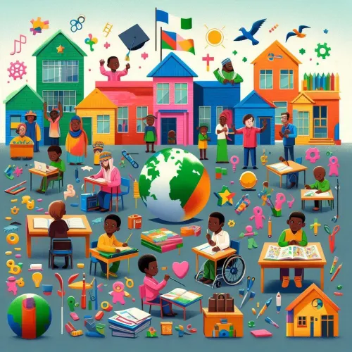 A vibrant classroom with children engaging in various learning activities with a dedicated teacher guiding them