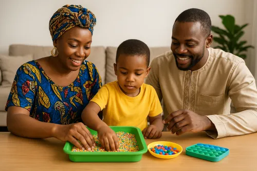 Mom and Dad in sensory play with autistic child