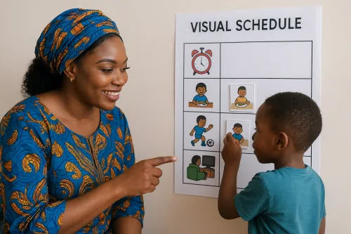 Mom and son with a visual schedule