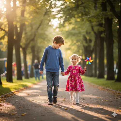 Siblings of an autistic child walking alongside with them 