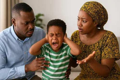 worried Nigerian parents calming autistic child during meltdown