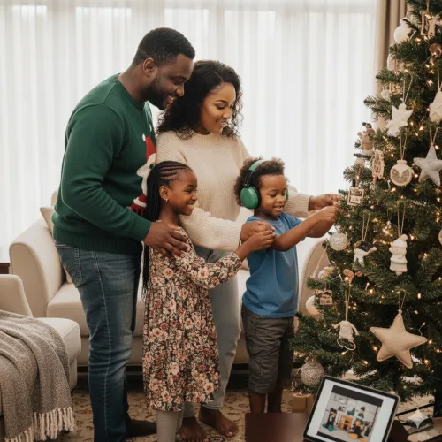 Father, mother and children at Christmas