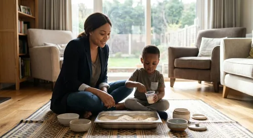 A mother supporting autistic child during home-based autism therapy session 