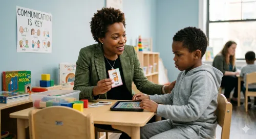 Speech therapist in Nigeria professionally working with a child on the autism spectrum 