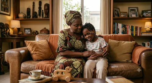Nigerian Mother Comforting Autistic Child With Stomach Bloating- Gut Health Signs