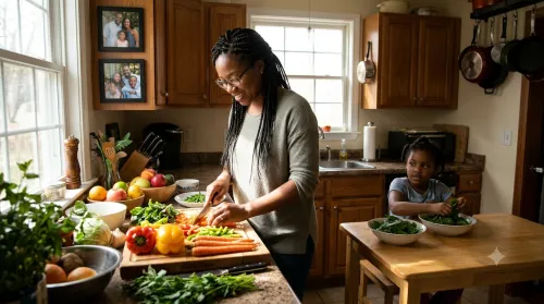 Nigerian Mother Preparing Gut-Friendly Meal for Autistic Child