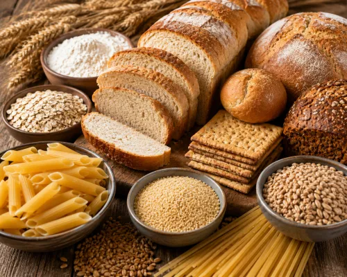 Assortment of common gluten-containing foods including bread, pasta, wheat flour, crackers, cereals, bagels and pastries displayed on a wooden table.