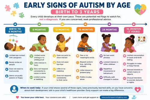 Timeline showing possible early signs of autism from birth to age 3, including developmental red flags at 6 months, 12 months 18 months, 24 months and 36 months.