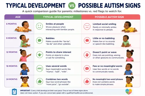 Comparison chart showing typical developmental milestones vs possible autism signs at 6 months, 12 months, 18 months and 24 months 