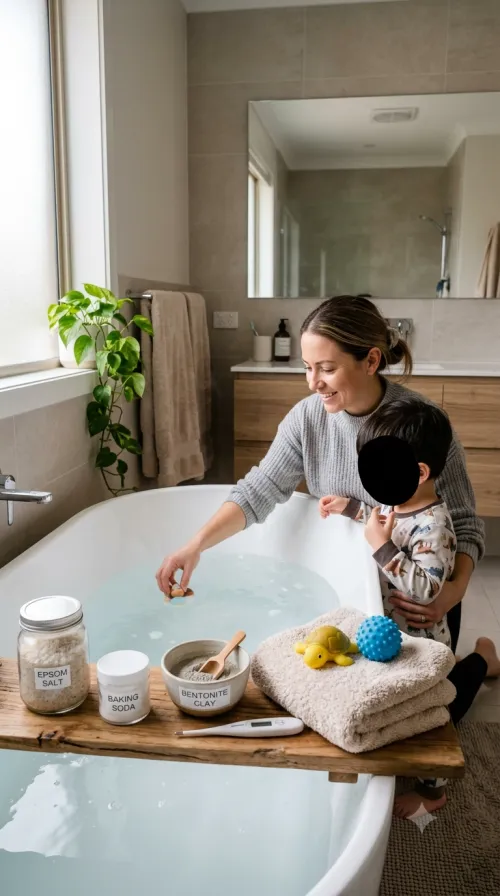 parent preparing a warm sensory bath for an autistic child using evidence-based bath products.