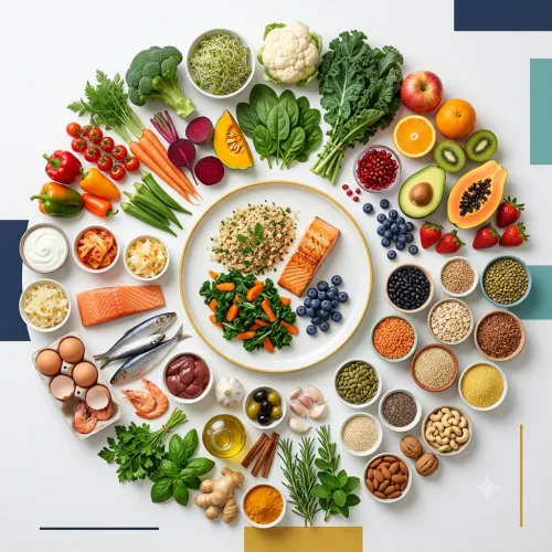 Top view of an autism nutrition diversity plate featuring broccoli, leafy greens, berries, seeds, nuts, fermented foods, fish, eggs, and other whole foods that support balanced nutrition.