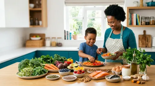 African mother preparing a healthy autism diet meal with her child using broccoli, salmon, vegetables, fruits, seeds, and other nutrient-rich whole foods to support balanced nutrition.
